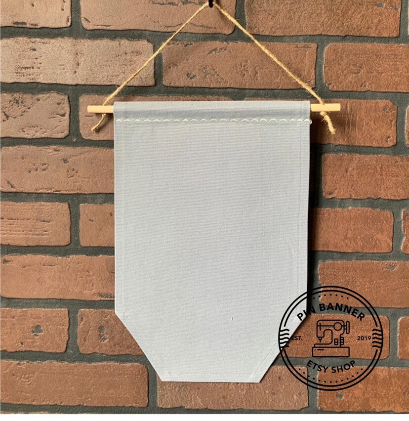 Large Canvas Banner In Gray With Trapezoid Bottom, Include Dowel Rod