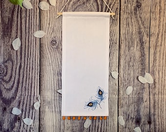 White Canvas Enamel Pin Display With Orange Pompom Trim And Embroidered Flower / White Canvas Pin Banner / Unique Pin Banner With Embroidery