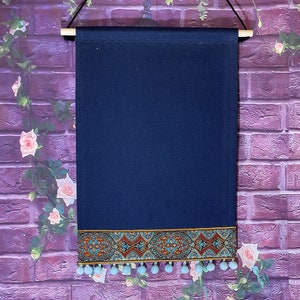 Enamel Pin Display In Navy Blue With Beautiful Vintage Trim And Pompoms /Navy Blue Canvas Pin Banner /Blue Pin Pennant With Pompom Trim