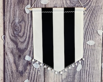 Canvas Pin Pennant / Black And White Enamel Pin Display With PomPom Trim/ Handmade Pin Pennant/ Black And White Canvas Banner