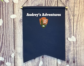 Personalized Navy Blue Banner/ Custom National Parks Banner/ National Parks Pin Pennant With Custom Name And Logo/ Canvas Pin Pennant