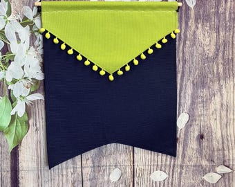 Bright Lime & Navy Pin Banner – Handmade Cotton Canvas Display