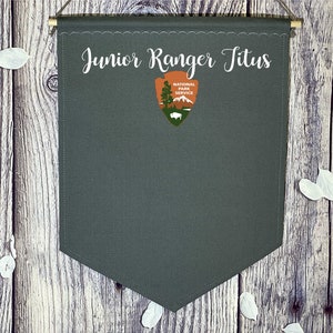 Personalized Charcoal Banner /Junior Ranger National Parks Banner/ National Parks Pin Pennant With Custom Name And Logo/ Canvas Pin Pennant