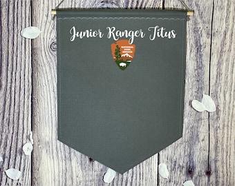 Personalized Charcoal Banner /Junior Ranger National Parks Banner/ National Parks Pin Pennant With Custom Name And Logo/ Canvas Pin Pennant