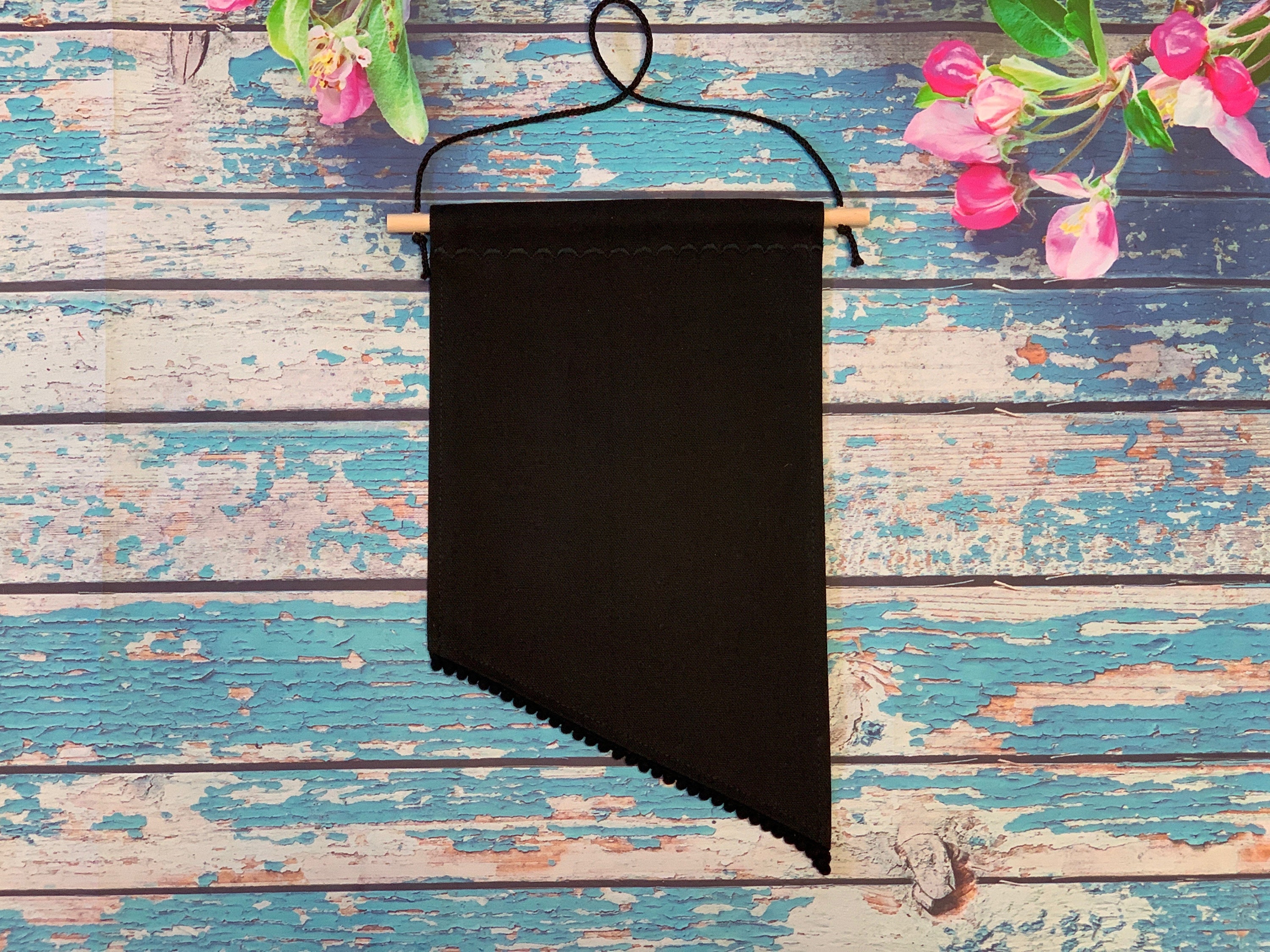 Black Canvas Banner With Custom Lace Pompom Trim / Unique Pin Display
