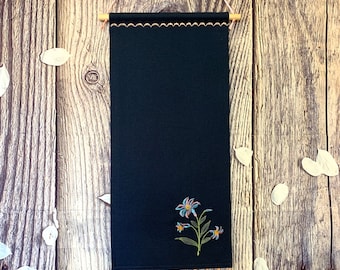 Enamel Pin Display In Dark Blue With Beautiful Yellow Pompom Trim And Embroidered Flower /Black Canvas Pin Banner / Unique Pin Banner