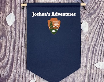 Personalized Navy Blue Banner / Custom National Parks Banner/ National Parks Pin Pennant With Custom Name And Logo/ Canvas Pin Pennant