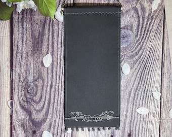 Enamel Pin Display In Charcoal Color With Beautiful Matching PomPom Trim And Embroidery/ Charcoal Canvas Pin Banner / Unique Pin Banner