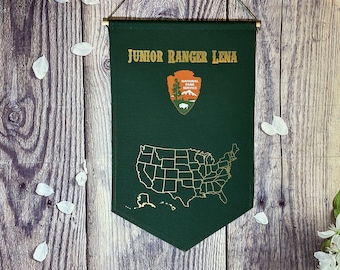 Personalized Forest Green Banner With Gold Text And Gold Outlined US Map/ National Parks Pin Pennant With  Gold Custom Name NPC Logo US Map
