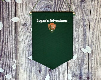 Personalized Forest Green Banner/ Custom National Parks Banner/ National Parks Pin Pennant With Custom Name And Logo/ Canvas Pin Pennant
