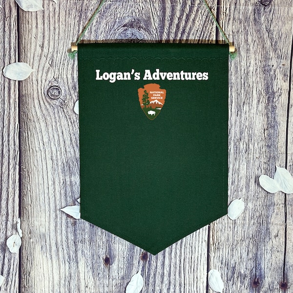 Personalized Forest Green Banner/ Custom National Parks Banner/ National Parks Pin Pennant With Custom Name And Logo/ Canvas Pin Pennant