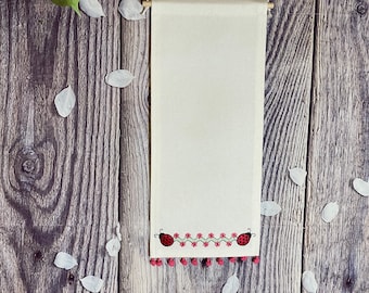 Enamel Pin Display In White Color With Beautiful Embroidery And Pompom Trim /White Canvas Pin Banner / Unique Pin Banner/ Enamel Pin Banner