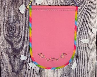 Pink Pin Display With Beautiful Embroidery On The Bottom And Rainbow Double Fold Taped Edges, Wall Banner, Enamel Pin Board Storage