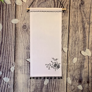 White Canvas Enamel Pin Display With Black Pompom Trim And Embroidered Flower / White Canvas Pin Banner / Unique Pin Banner With Embroidery