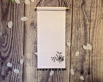 White Canvas Enamel Pin Display With Black Pompom Trim And Embroidered Flower / White Canvas Pin Banner / Unique Pin Banner With Embroidery