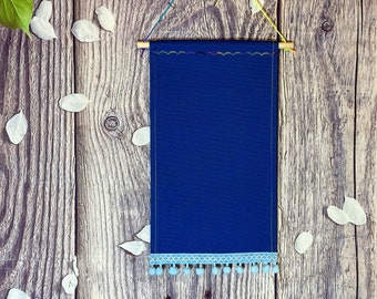 Enamel Pin Display In Blue With Beautiful Vintage Trim And Pompoms/ Blue Canvas Pin Banner/ Pin Pennant With Pompom Trim/ Pin Banner