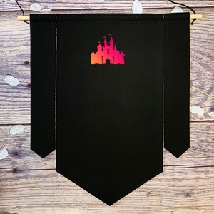 Large Three Piece Canvas Banner With Castle, Castle Three Piece Black Pin Pennant, Black Enamel Pin Display, Lapel Pin Display And Organizer