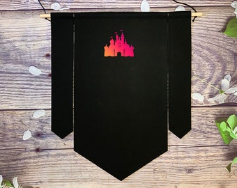 Large Three Piece Canvas Banner With Castle, Castle Three Piece Black Pin Pennant, Black Enamel Pin Display, Lapel Pin Display And Organizer