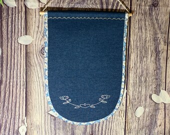 Denim Pin Display With Beautiful Embroidery On The Bottom And Contrasting Double Fold Taped Edges, Wall Banner, Enamel Pin Board Storage