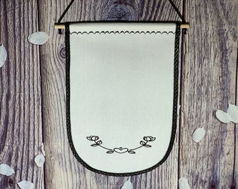 White Pin Display With Beautiful Embroidery On The Bottom And Contrasting Double Fold Taped Edges, Wall Banner, Enamel Pin Board Storage