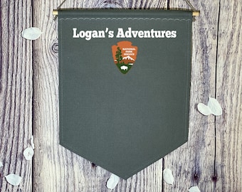 Personalized National Parks Banner/ Custom Name National Parks Banner/ National Parks Pin Pennant With Custom Name And Logo In Charcoal