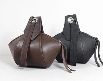 Moderne Leder Bucket Bag, Geometrische Form Geldbörse, Handgefertigte Crossbody Bag, Minimal Style Handtasche