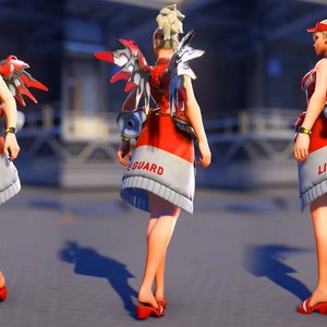 Op de afbeelding: Een vrouwelijk videogamepersonage dat een rood-wit badmeesterkostüm draagt met een witte rok en een rood topje. Ze heeft blond haar en draagt een rode hoed met een witte rand. Ze houdt een megafoon in haar rechterhand. Het personage staat op een grijs oppervlak. De tekst "LIFE GUARD" is zichtbaar op de rok.
