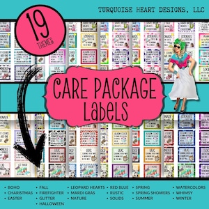 May include: A set of 19 printable care package labels with various themes, including boho, fall, leopard hearts, red blue, spring, spring showers, summer, watercolors, whimsy, winter, Christmas, firefighter, Mardi Gras, nature, rustic, and solids. The labels feature colorful designs and text.