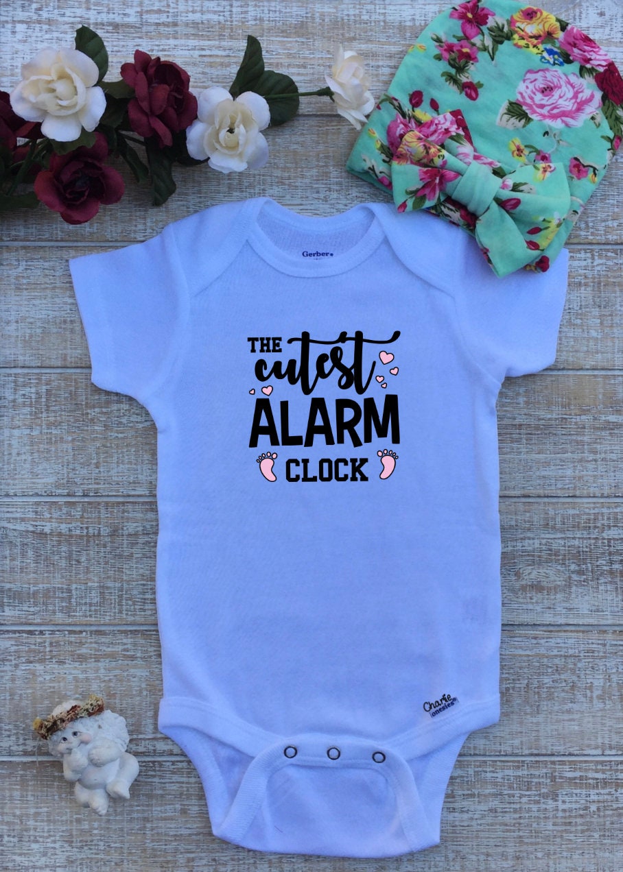 The Cutest Alarm Clock Baby White Onesie Etsy