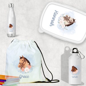 Back to school Personalised horse water bottle/PE bags, Horses head, Gift for horse lovers, custom horse gift, Horse Lunch Box