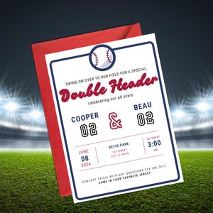May include: A baseball-themed invitation for a "Double Header" event celebrating two players, Cooper and Beau. The invitation features a red, white, and blue color scheme with a baseball graphic and the text "Double Header" in a bold, red font. The event is scheduled for June 8th, 2024, at 3:00 PM at Detig Park, 123 Street, City, IL 60018. The invitation also includes contact information for Tricia and encourages attendees to wear their favorite jersey.