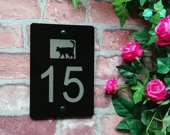 Modern Acrylic Personalised Motif House Number Sign with Cat / Owl / Welsh Dragon