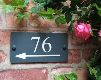 Acrylic House Number, Numbers, Sign, Signs, Inlaid Digits, With Directional Arrow Head,  1, 2, 3 or 4 digits, Slate Grey Colour / Matt Black