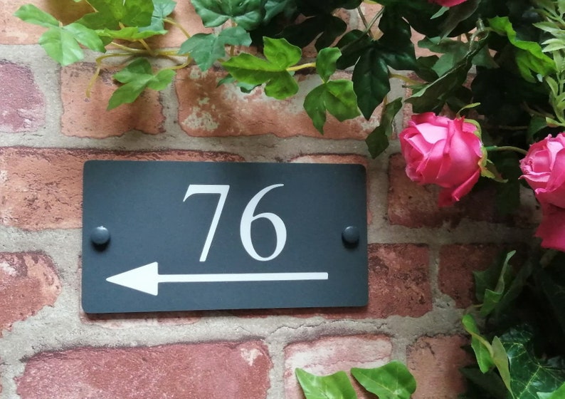 Acrylic House Number, Numbers, Sign, Signs, Inlaid Digits, With Directional Arrow Head, 1, 2, 3 or 4 digits, Slate Grey Colour / Matt Black image 1