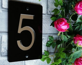 Modern Acrylic House Number Sign with Embedded Mirror in Black Gloss or Black Matte