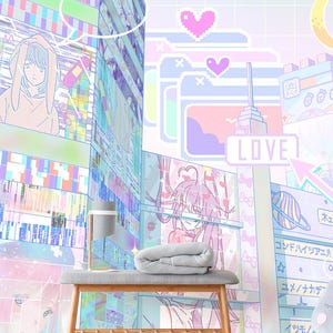 Carta da parati per bambini con illustrazione manga kawaii, murale con città al neon di Tokyo, stampa per cameretta, arredamento per la casa, carta da parati tradizionale o staccabile e attaccabile