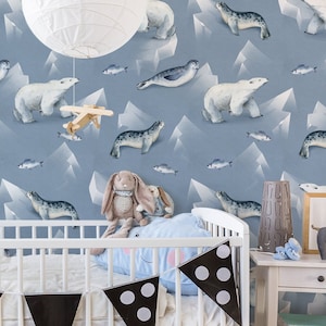 Seals & bears nursery wallpaper, peel and stick animal wallpaper for kids room, watercolor wall art, removable wallpaper