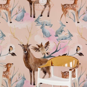 Beau papier peint aquarelle, papier peint de pépinière d’animaux des bois, peinture murale pelée et collante de la chambre des filles, papier peint temporaire, décor mural