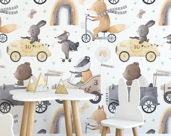 Cute animals - riders wallpaper, kids wallpaper, animal wall mural, wall print, kids wall mural, peel and stick or traditional wallpaper