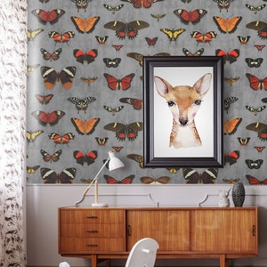 Vintage nursery wall mural, kids wallpaper, butterflies on gray background, animal wallpaper, peel and stick or traditional wallpaper