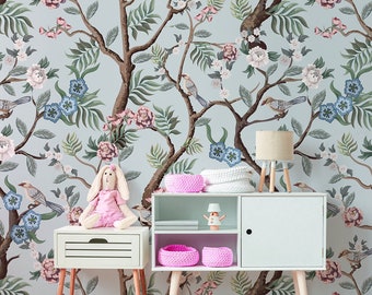 Chinoiserie wallpaper for nursery, peel and stick wall mural, kids removable wallpaper, floral wall decor for baby room