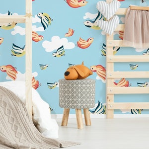 Kids wall mural with birds, peel and stick removable wallpaper, nursery self adhesive wallpaper, kids wall decor