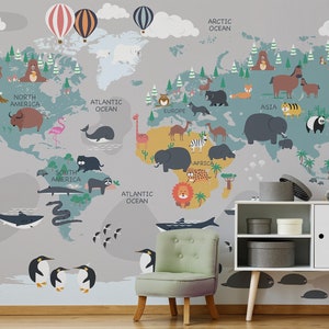 Peinture murale de la carte du monde, papier peint de la crèche pour enfants, papier peint des animaux, papier peint amovible, décoration murale de la chambre de bébé
