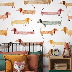 Watercolor dachshund dog wallpaper, animal pattern, kids room wall mural, peel and stick or traditional wallpaper