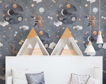 Kids wallpaper, cute bunny and bear wallpaper, nursery wall print, kids wall mural, peel and stick or traditional wallpaper