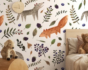 Woodland forest wallpaper, kids nursery wallpaper, removable wallpaper, peel and stick self adhesive animal wallpaper, baby room wall decor