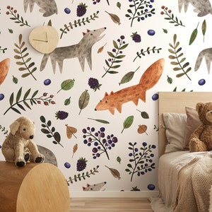 Woodland forest wallpaper, kids nursery wallpaper, removable wallpaper, peel and stick self adhesive animal wallpaper, baby room wall decor