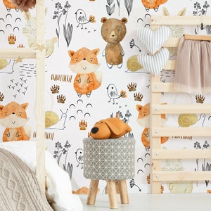 Waldtiere Tapete, Kinder abnehmbare Tapete, Kinderzimmer Deko, selbstklebend Kinderzimmer Tier Tapete, Wand Deko