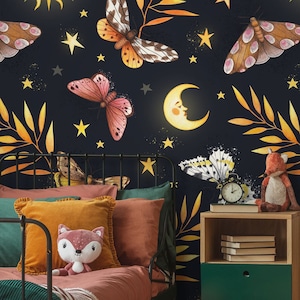 Magical wallpaper, kids nursery wallpaper, moon and stars, watercolor mural, peel and stick, removable wallpaper, baby wall decor