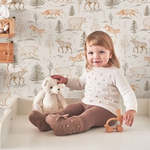 Waldtapete, Waldtiertapete für Kinderzimmer, Fuchs Bär Hirsch Kinderzimmertapete, Abzieh- und Klebetapete oder traditionelle Tapete